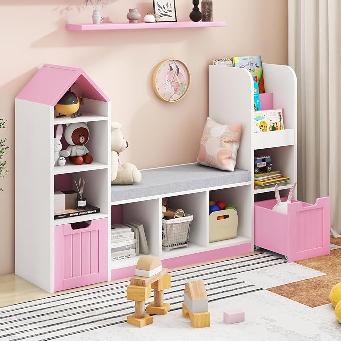 Toy Storage Organizer for Kids Bookshelf with Reading Nook, Multifunctional Kids Bookcase with 7 Storage Cubbies, 2 Movable Drawers and Seat Cushion for Keeping Kids' Toys Books Organized, Pink-Ruum Studio Home