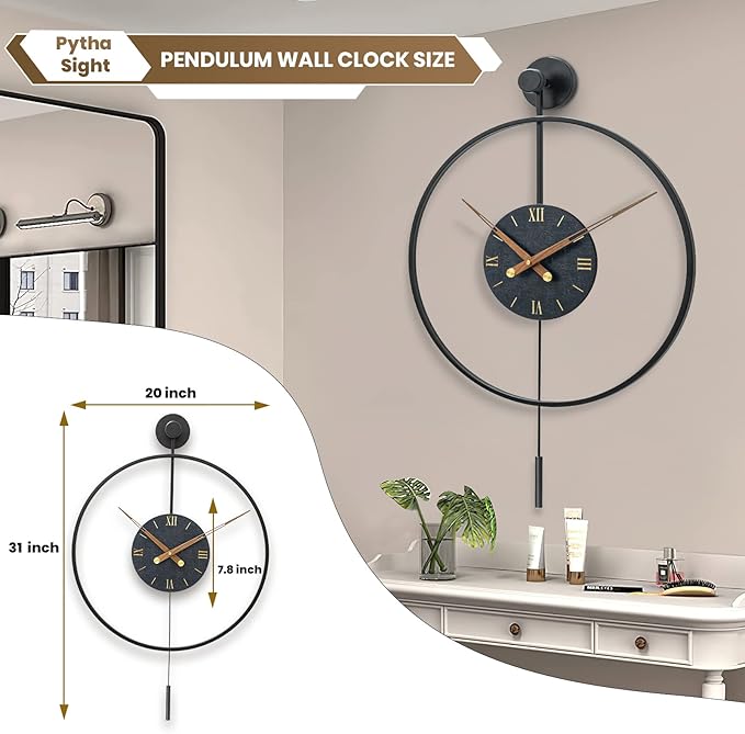 Large Modern Wall Clock,Wall Clocks for Living Room Decor,Classical Metal Minimalist Roman Numeral Dial,Big Decorative Farmhouse Pendulum Wall Clock With Walnut Pointers for Office,Dining Room-Ruum Studio Home