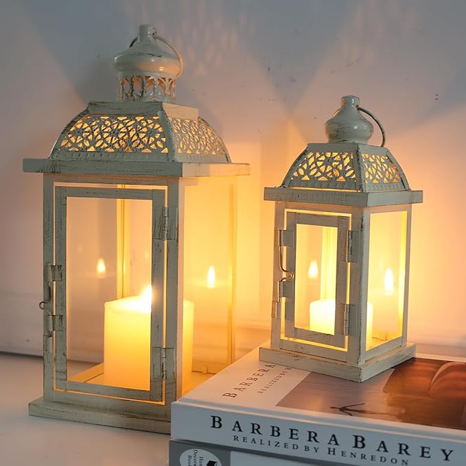 DECORKEY Large Lantern Decorative Outdoor & Indoor, Set of 2 (14’’&10’’) Metal Candle Lanterns Decor, Vintage Hanging Candle Holder for Front Porch Patio Wedding Farmhouse Home, Spring Decoration-Ruum Studio Home