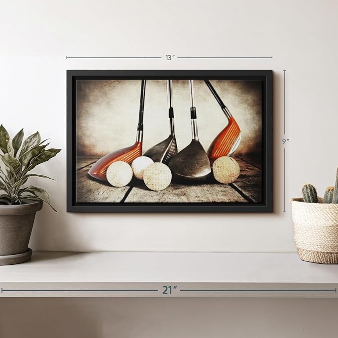 ElephantStock Golf Sets Wall Art - Horizontal Framed Canvas - 1-Piece Mancave Wall Decor - Photography Sports Canvas Print - Yellow and Brown Decor for Wall - 13" X 9"-Ruum Studio Home