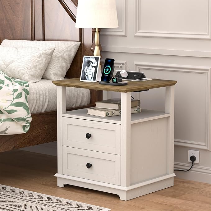 HIFYOBRO End Table with Flip Top Charging Station and 2 Drawers, Type-C & USB Port & Power outlets, Wooden Storage Cabinet, Large Side Table with Storage for Living Room and Bedroom (White)-Ruum Studio Home