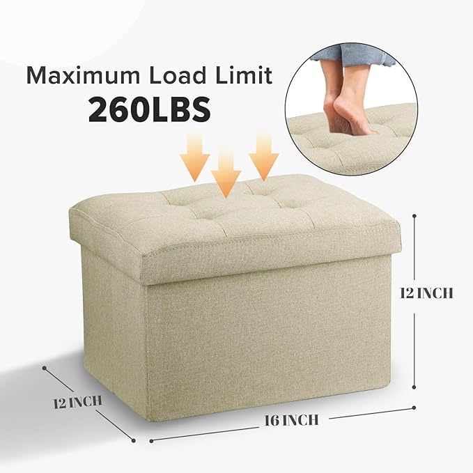 LINMAGCO Ottoman Storage Ottoman with Storage Small Foot Rest Stool Under Desk Stool Short Folding Footrest Linen Cloth Beigh 16X12X12IN-Ruum Studio Home