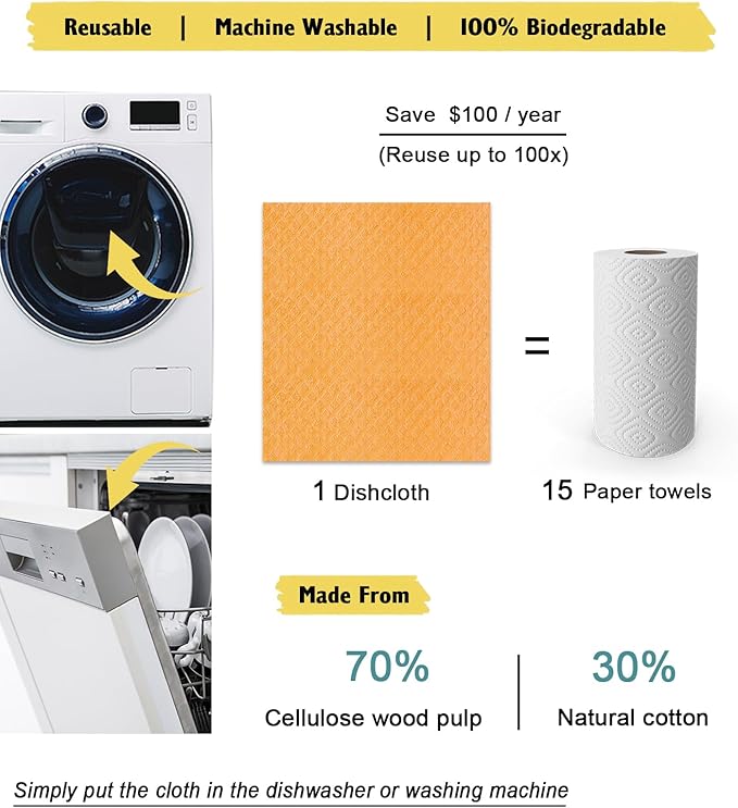 Swedish Dishcloths for Kitchen | 6 Pack Absorbent Cellulose Sponge Cloths Washable | Non-Scratch Reusable Paper Towels Quick Drying Cleaning Cloths - Orange-Ruum Studio Home