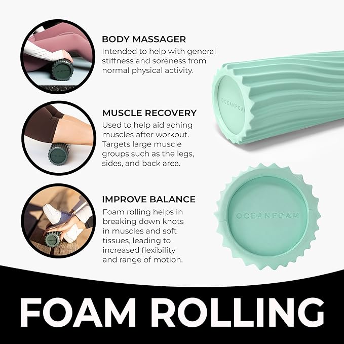 Oceanfoam Tidal Roller - Seafoam - Muscle Massage Foam Roller for Back Pain & Stretching - Firm and Ergonomic Wide Wave Textured - Yoga, Athletics, & Wellness - Full Size, 20" x 5"-Ruum Studio Home