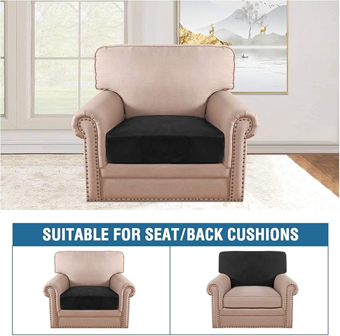 H.VERSAILTEX Velvet Stretch Couch Cushion Cover Plush Cushion Slipcover for Chair Cushion Furniture Protector Seat Cushion Sofa Cover (1 Piece Armchair Cushion Covers, Black)-Ruum Studio Home
