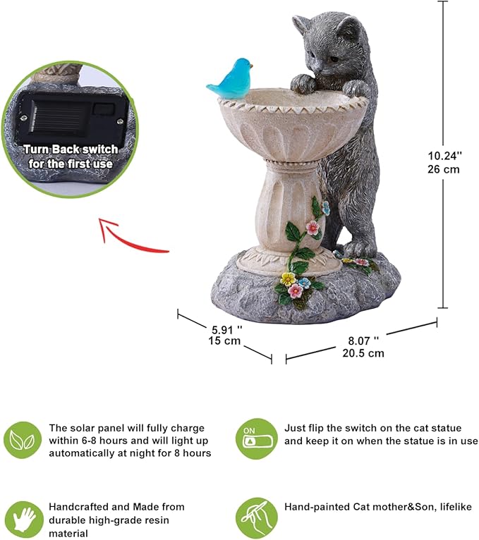 Nacome Solar Cat Birdbath Garden Decor: Outdoor Statues Ornaments for Outside Decorations Yard Art Lawn Porch Patio Balcony - Birthday Gifts Choice for Mom Grandma Women Lover-Ruum Studio Home