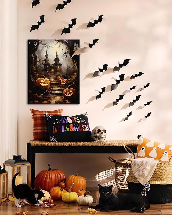 AbcCustomize Halloween Canvas Wall Art - Spooky Haunted House & Eerie Pumpkins Poster, Gothic Fall Decorations for Home, Vintage Halloween Decor Indoor for Living Room, Bedroom & Party-Ruum Studio Home