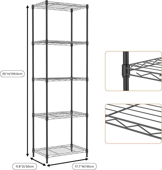 5 Tiers Shelf Metal Storage Shelves Wire Rack Closet Organizers with Wheel for Garage Kitchen Bathroom Laundry Black 11.8" D x 17.7" W x 55" H-Ruum Studio Home