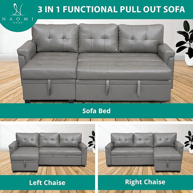 Naomi Home Modern Sectional Sofa with Storage Chaise Gray/Air Leather-Ruum Studio Home