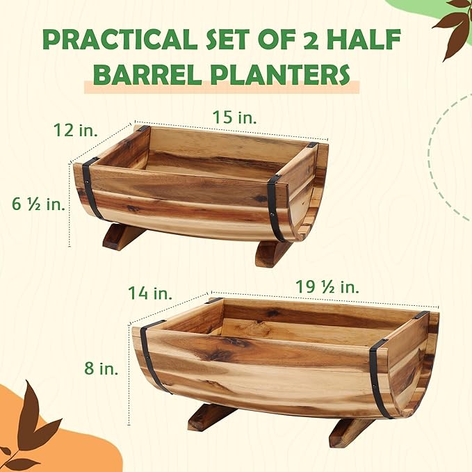IDZO Solid Acacia Wood Half Barrel Planters Outdoor Set of 2 Different Sizes, Wooden Planters for Outdoor Plants with Metal Bands & Drainage Holes, Legs Included, Natural-Ruum Studio Home