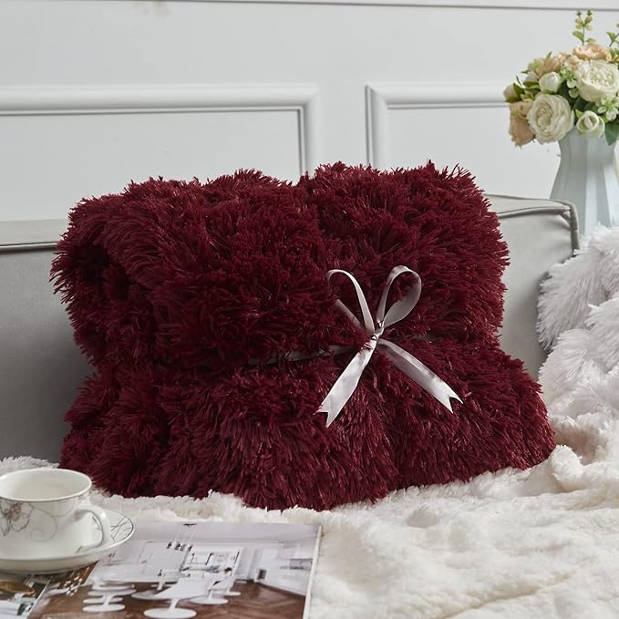 GONAAP Fuzzy Faux Fur Throw Blanket Queen Size Wine Red Super Soft Cozy Plush Fuzzy Shaggy Blanket for Couch Sofa Bed (Wine Red, Queen(90"x90"))-Ruum Studio Home