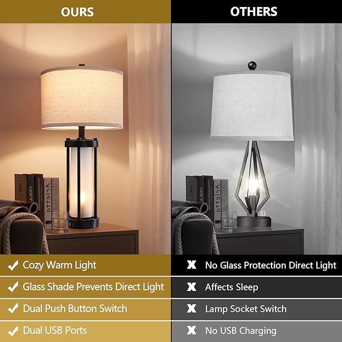 RORIA Set of 2 Modern Table Lamps for Living Room with 2 USB Ports, White Frosted Glass Nightlight for Bedroom, Contemporary Desk Lamps for Nightstand End Table Entryway, 4 Bulbs Included (Black)-Ruum Studio Home