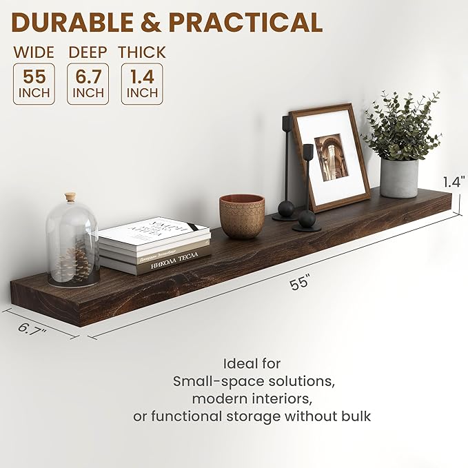 55" Floating Shelves for Wall, Rustic Elm Wood Floating Shelf for Home Decor, Wall-Mounted Display Shelves with Heavy-Duty Bracket, Long Floating Shelf for Bathroom, Kitchen, Living Room, Walnut Color-Ruum Studio Home