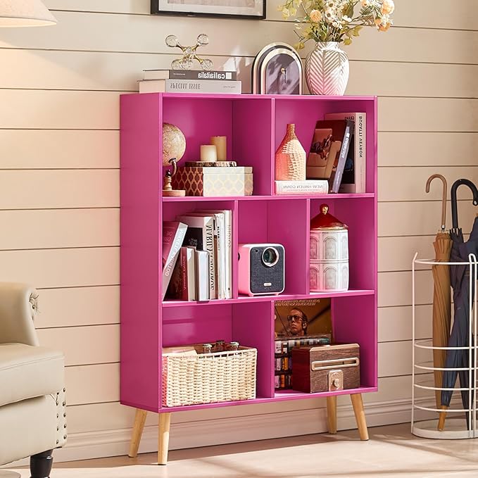 LEYAOYAO 7 Cube Bookshelf,3 Tier Book Shelf with Legs,Pink Modern Bookshelf,Large Freestanding Open Toy Modern Bookshelves,Display Bookcases Decor Furniture for Nursery-Ruum Studio Home