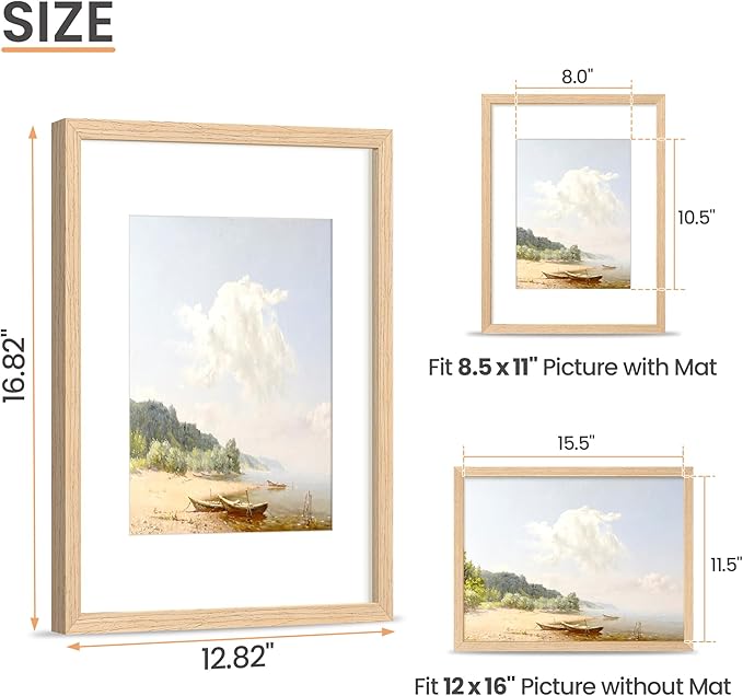 upsimples 12x16 Frame, Natural Solid Wood Picture Frames, Display 8.5x11 with Mat or 12 x 16 Without, Vertical & Horizontal Wall Hanging, 1 Pack, Natural-Ruum Studio Home