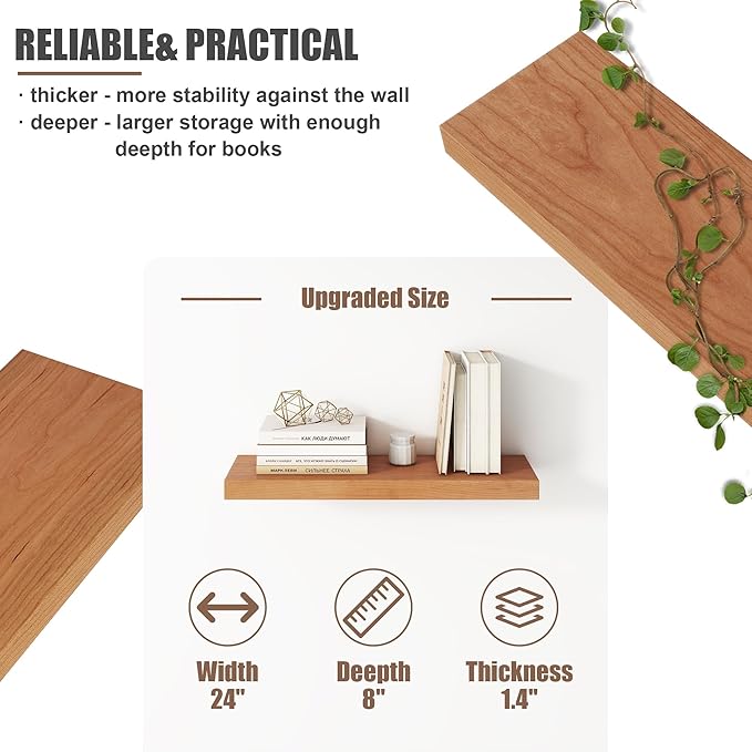 Floating Shelves for Wall, USA-Sourced Cherry Wood 24 Inch Wall Shelves Set of 2, Natural Wooden Wall Mounted Picture Ledge Shelf, Nursery Book Storage Shelf Kids Bookshelf, Display Shelf for Bathroom-Ruum Studio Home