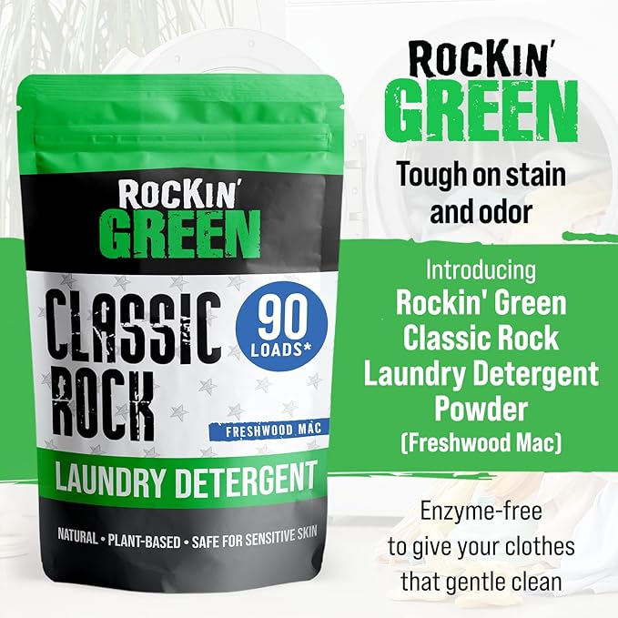Rockin' Green Classic Rock Laundry Detergent (90 Loads), Plant based, All Natural Laundry Detergent Powder, Vegan and Biodegradable Odor Fighter, Safe for Sensitive Skin, 45 oz (Freshwood Mac)-Ruum Studio Home