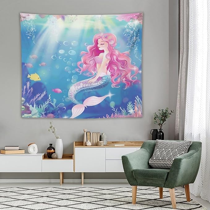 HZOHNAGO Mermaid Girls Tapestry Watercolor Mermaid Princess Pink Hair Pattern for Kids Room Decoration Printed Wall Tapestry Wall Hanging for Bedroom Living Room Dorm 60" W x 50" H-Ruum Studio Home