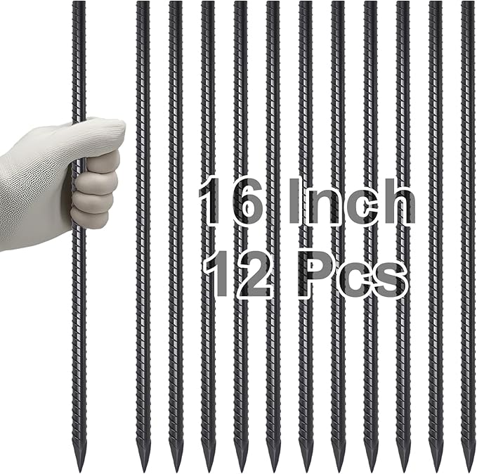 VVOKGO Rebar Stakes 16 Inches Ground Concrete Form Stakes (12pcs), Straight Metal Spikes Heavy Duty with Chisel Point End, 5/16" Diameter Steel Anchors for Fence, Concrete Timber, Garden Plants, Black-Ruum Studio Home