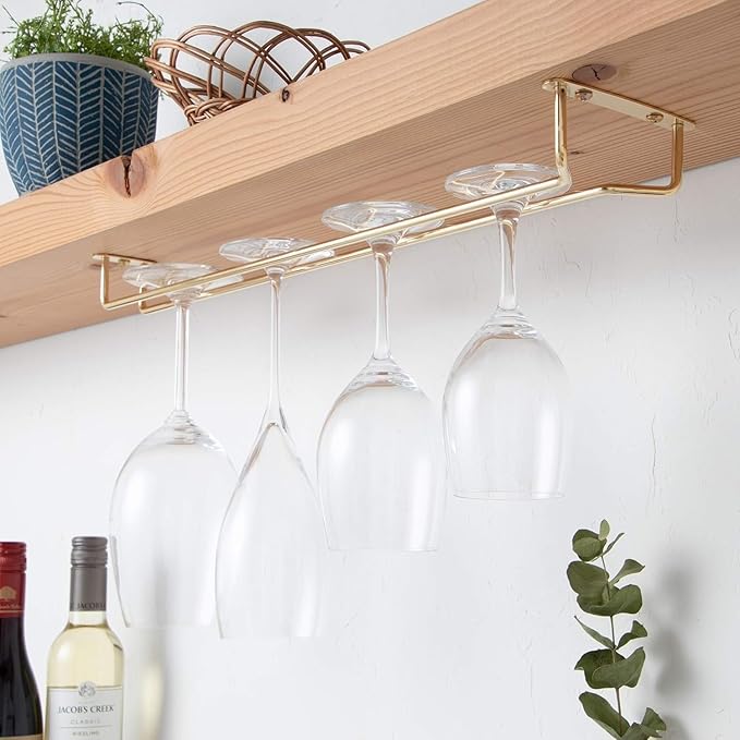 Soro Essentials- 16" Glass Hanging Stemware Rack Brass Plated Set of 2- Wine Glass Hangers Under Shelf Cabinet Wire Wine Holder Storage Hanger for Cabinet Kitchen Bar or Home-Ruum Studio Home