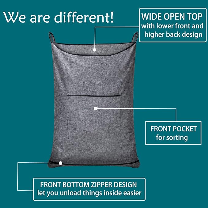 Hanging Laundry Hamper,Door Hanging Hamper with Width Opening, Over the Door Laundry bag with hooks, Laundry Collector and Over Door Storage Bag (36x22 Inch,Pop Grey)-Ruum Studio Home