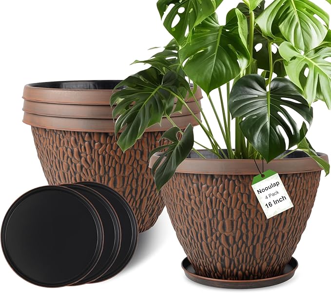 16 Inch Large Outdoor Plant Pot, 4 Pack Thickened Flower Pots with Drainage Holes & Saucer, Pebbles Pattern Design Tree Planters Outdoor for Garden Porch Home-Ruum Studio Home