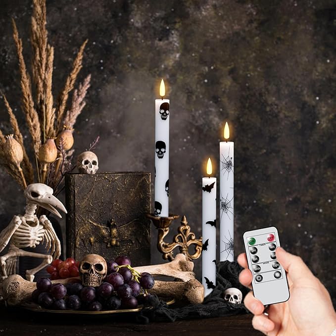 GenSwin Flameless Taper Candles with Remote Timer, 6Pcs LED Flickering Taper Candles Battery Operated Real Wax with Spider Webs/Skull/Bats Decals for Halloween Spooky Decoration (White, 0.78”x9.65”)-Ruum Studio Home