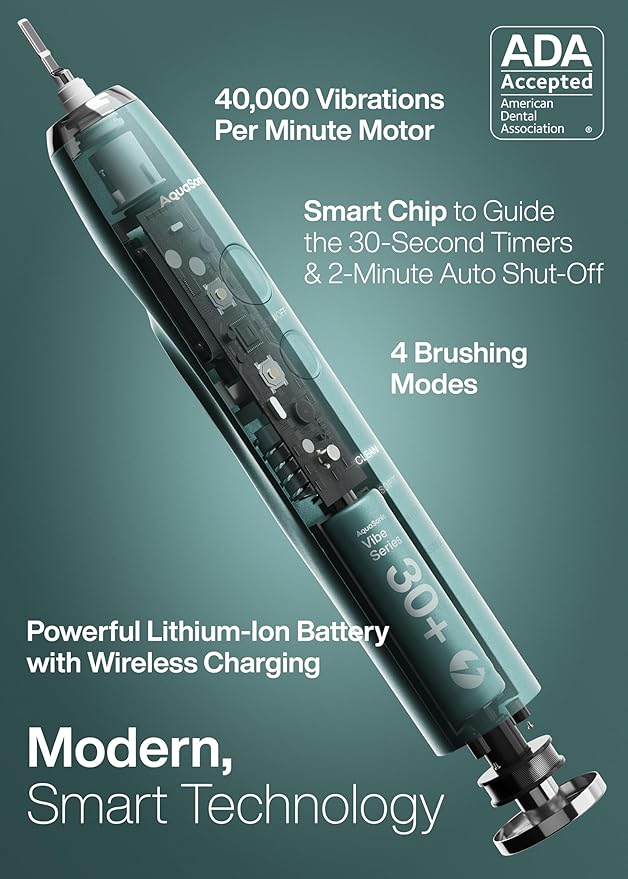 Aquasonic Vibe Series Ultra-Whitening Toothbrush – ADA Accepted Power Toothbrush - 8 Brush Heads & Travel Case – 40,000 VPM Motor & Wireless Charging - 4 Modes w Smart Timer – Mint Green Metallic-Ruum Studio Home