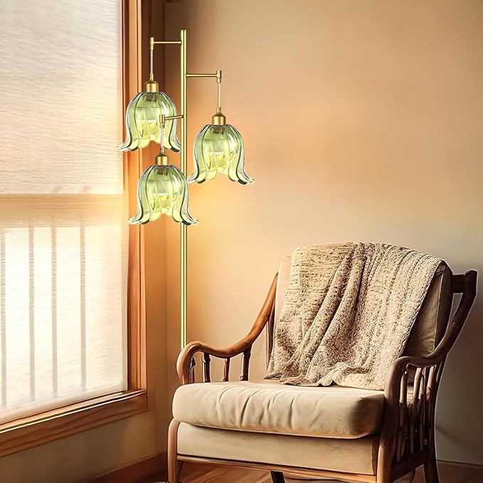 Gold Floor Lamp for Living Room,Bedroom,Tree 3 Light Standing Lamp Mid Century Modern Brass Tall Floor Lamps Vintage Retro Floor Lights Green Glass Flower Lamp Shade Farmhouse Boho Bohemian-Ruum Studio Home