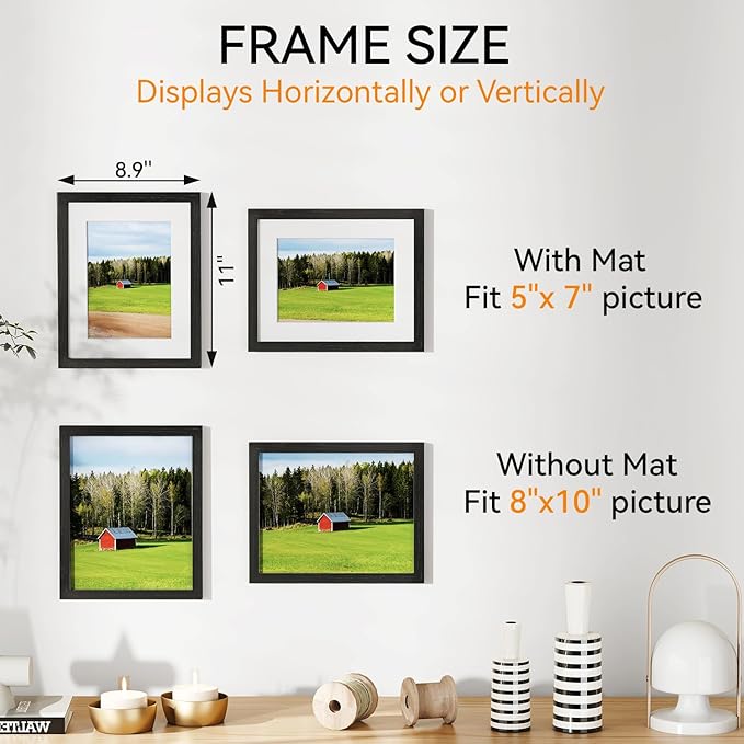 IBUYKE 8x10 Picture Frame,Solid Oak Wood 8x10 Photo Frame with Mat to 5x7,10x8 Picture Frames With Tempered Glass,Tabletop or Wall Mount Display,Home Decor,Black Oak 8 x 10 Frame,UWPF0810B-Ruum Studio Home
