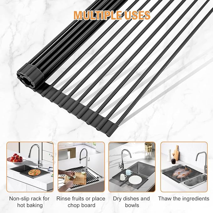 LEMIKKLE Roll Up Dish Drying Rack 17" x 13", Over The Sink Dish Drainer Rack, Foldable Sink Drying Rack, Anti-Slip Silicone Wrapped Dish Drainer for Kitchen Counter (Black)-Ruum Studio Home
