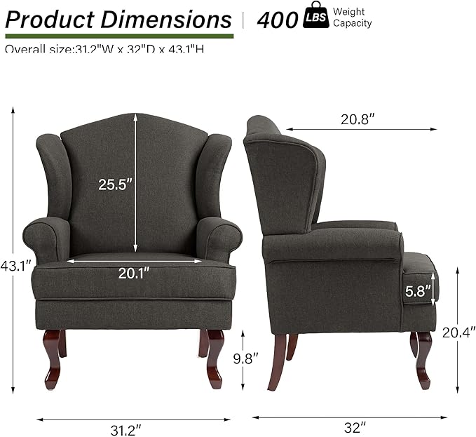 Accent Chair, High Back Upholstered Armchair with High Resilience Sponge & Wood Legs, Mid-Century Modern Comfy Single Sofa Reading Chairs for Living Room, Bedroom (Dark Grey, Set of 2)-Ruum Studio Home
