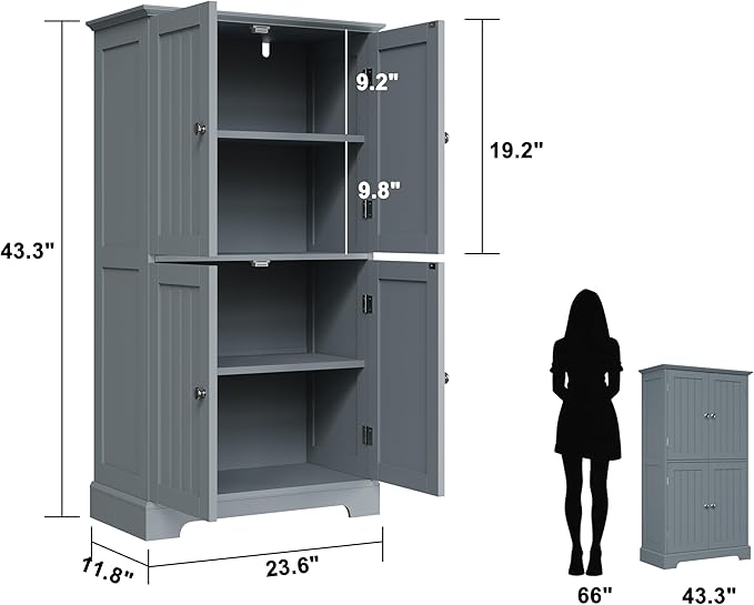 ChooChoo Bathroom Floor Cabinet, Modern Bathroom Storage Cabinet with 4 Doors and Adjustable Shelves, Freestanding Cupboard for Living Room, Grey-Ruum Studio Home