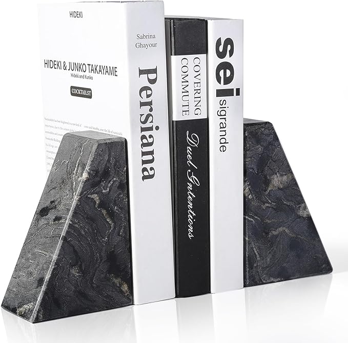 Marble Bookends for Heavy Books, Decorative Book Ends for Shelves, Titanium Black Stone Durable and Heavy-Duty Book Ends for Hardback Books & CDS, Unique Book Stopper & Holder, Set of 2-Ruum Studio Home