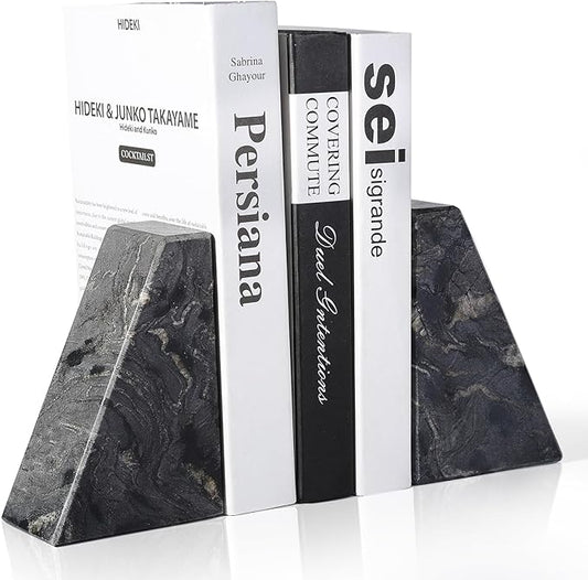 Marble Bookends for Heavy Books, Decorative Book Ends for Shelves, Titanium Black Stone Durable and Heavy-Duty Book Ends for Hardback Books & CDS, Unique Book Stopper & Holder, Set of 2-Ruum Studio Home