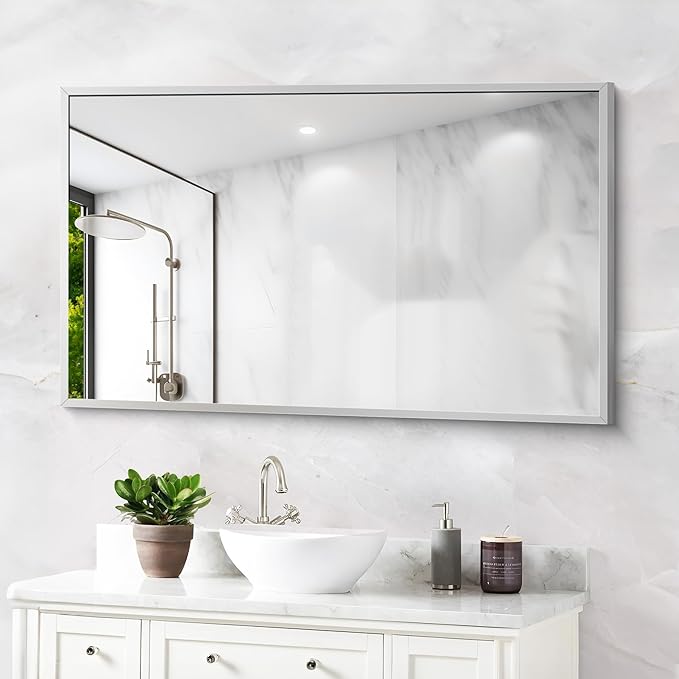 Silver Bathroom Mirror for Wall, 30x48 Inch Rectangle Mirrors with Metal Frame, Modern Vanity Wall Mirror Decor for Bathroom Living Room, Entryway Hangs Horizontal or Vertical-Ruum Studio Home