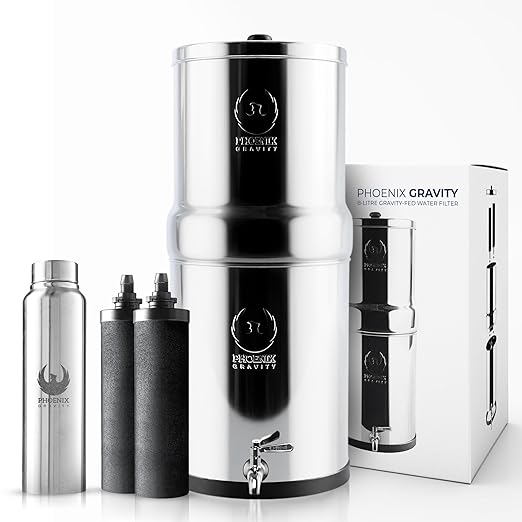 Gravity Water Filter System 2.25 Gallons NSF Certified - AISI 304 Stainless Steel Countertop Water Filtration with 2 Smart (Black) Carbon Filter Elements & Stainless Steel Water Spigot-Ruum Studio Home