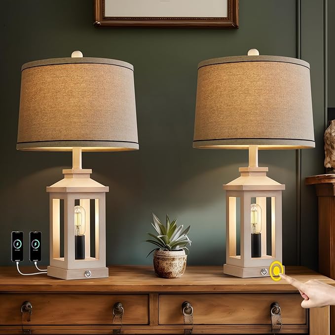 23.75" Retro Farmhouse USB C+A Ports Table Lamp Set of 2 with 3 Way Dimmable Touch Control White Nightlight Vintage Modern Lamp for Living Room Bedroom with 2 Light Sources-Ruum Studio Home
