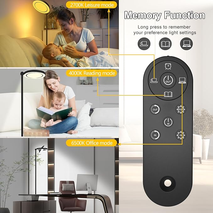 36W Bright LED Floor Lamp for Living Room with Remote, 75.5 Inch Tall Stepless Dimmable Standing Lamp for Office, Torchiere Floor Lamp with 2 Rotatable Lights 1900K-6500K for Bedroom-Ruum Studio Home