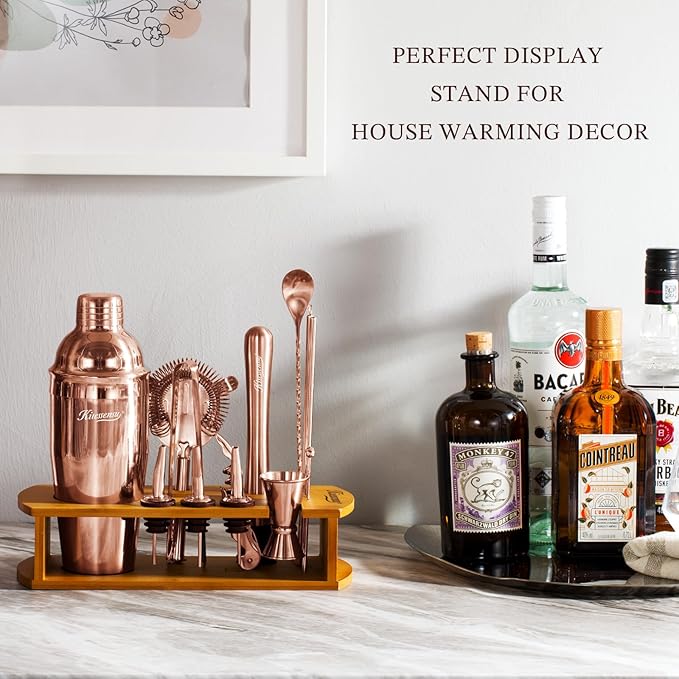 KITESSENSU Cocktail Shaker Set Bartender Kit with Stand - Drink Mixer Bar Set with All Essential Bar Accessory Tools - Martini Shaker Jigger Strainer Mixer Spoon Muddler Liquor Pourers - Rose Gold-Ruum Studio Home
