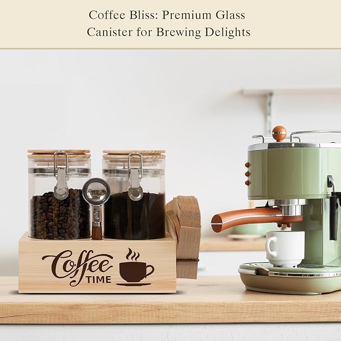 Glass Coffee Canister Set with Shelf & Spoon 2 Piece Coffee Containers for Coffee Bean Storage Airtight Seal, Coffee Bar Accessories Filter Holder for Kitchen Organization-Ruum Studio Home