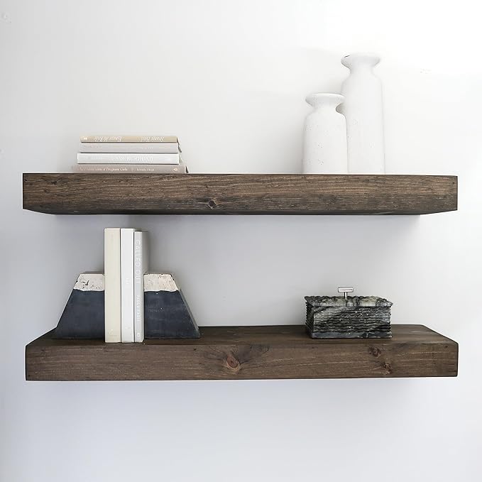 Modern Floating Shelves 3 Inches Thick for Wall, Wide Shelves for Kitchen, Living Room, Bedroom, and Bathroom, Natural Pine Wood, Rustic Wooden Shelf, (Set of 2) (Jacobean, 24Lx3Hx8D)-Ruum Studio Home