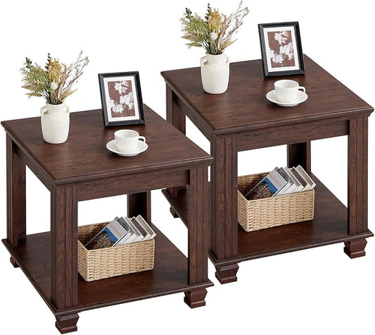 Farmhouse End Table Set of 2,Large Side Table with 2-Tier Storage Shelf,Rustic Brown End Tables for Living Room,Square Tea Table,Walnut-Ruum Studio Home