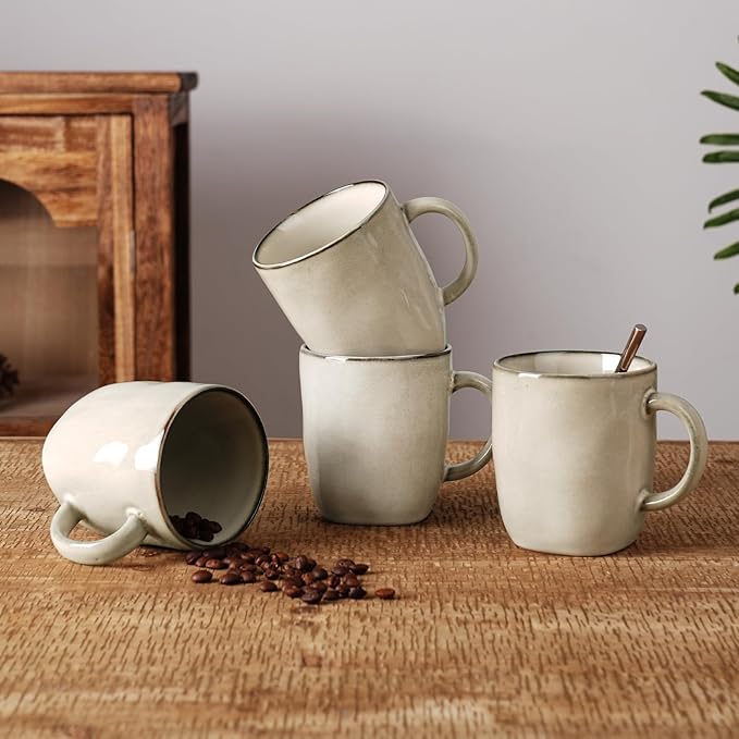 famiware Coffee Mugs Set of 4, Ocean Square 13oz Coffee Cup Set with Handle for Cocoa, Milk, Hot Chocolate, Tea, Water, Stoneware Cups for Kitchen, Microwave and Dishwasher Safe, Light khaki-Ruum Studio Home