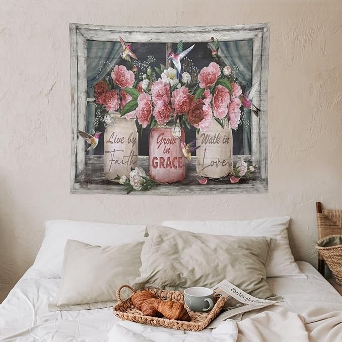 yowecso Farmhouse Rose Tapestry Peony Flower Tapestry Wall Hanging for Bedroom Floral Tapestries Aesthetic Wall Decor for Home Dorm Living Room 50"x60"-Ruum Studio Home