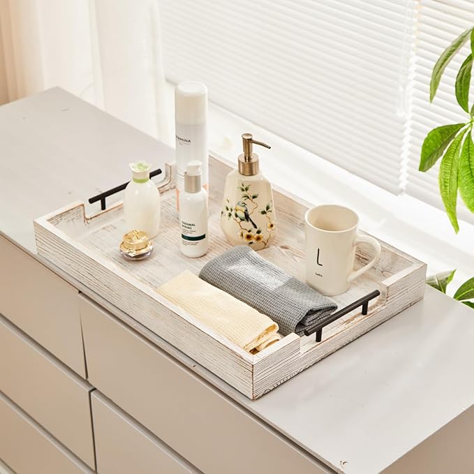 Ottoman Tray Large Serving Trays Farmhouse Decor Wooden Coffee Table Platter with Handles White Tray for Bed Kitchen Living Room 19 * 14Inch-Ruum Studio Home