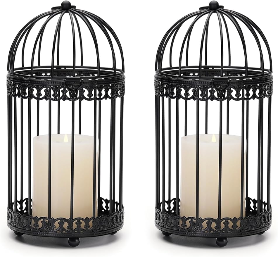 NUPTIO Black Decorative Bird Cage: Birdcage Hanging Lantern for Pillar Candles - Vintage Bird Cages Candle Holders for Halloween Christmas Table Centerpiece 7.7 Inch H-Ruum Studio Home