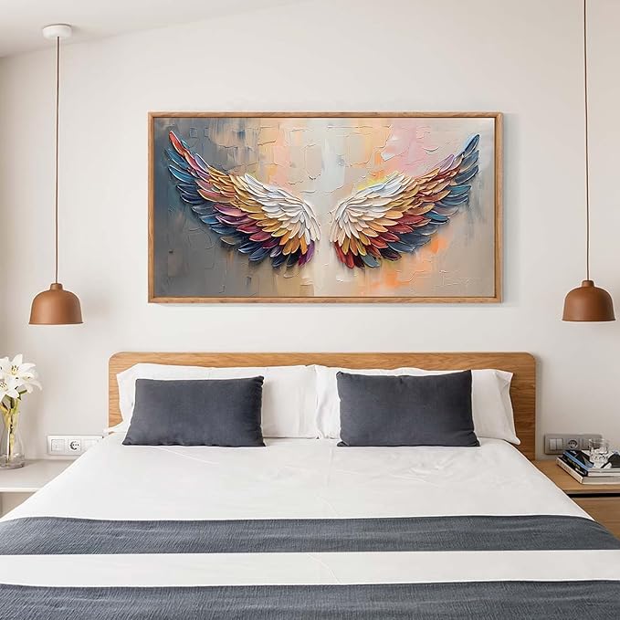 Aurlan Angel Wings Hand Painted Framed Wall Decor(40"x20"), Large Abstract Colorful Feather 3D Textured Oil Painting Canvas Artwork, Modern Contemporary Inspirational Wall Art for Living Room Bedroom-Ruum Studio Home