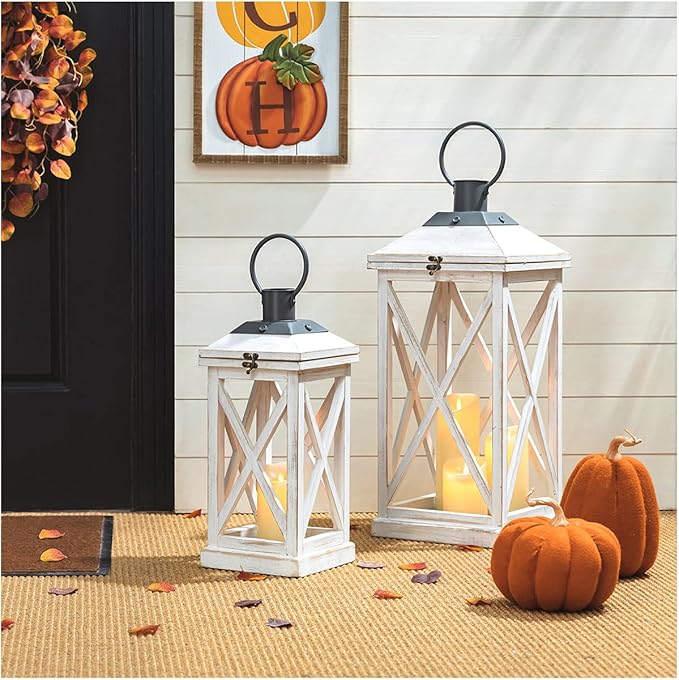 Glitzhome Mondern Farmhouse Wooden Lantern Hanging Decorative Candle Lantern for Outdoor & Indoor Wash White Set of 2 (No Glass)-Ruum Studio Home