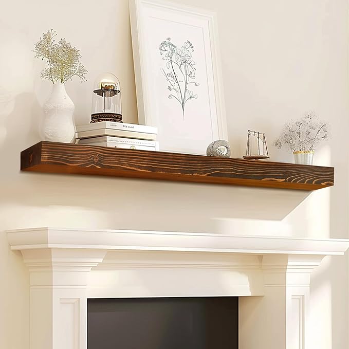48x8x3 Fireplace Mantel - Solid Rustic Wood - Wall Mounted Floating Shelf with Invisible Heavy Duty Steel Bracket (Weathered Brown)-Ruum Studio Home